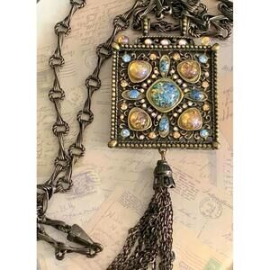 Vintage Jay Strongwater Jeweled Square Necklace Ornate Bronze Pendant Designer